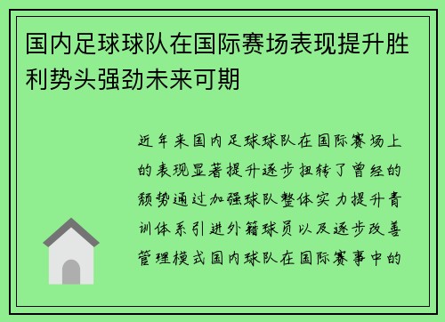 国内足球球队在国际赛场表现提升胜利势头强劲未来可期