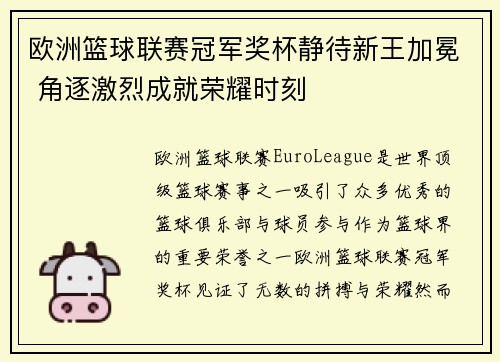 欧洲篮球联赛冠军奖杯静待新王加冕 角逐激烈成就荣耀时刻